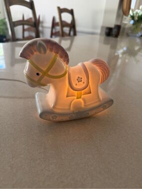 Vintage White and Pale Pink Ceramic Rocking Horse Lamp